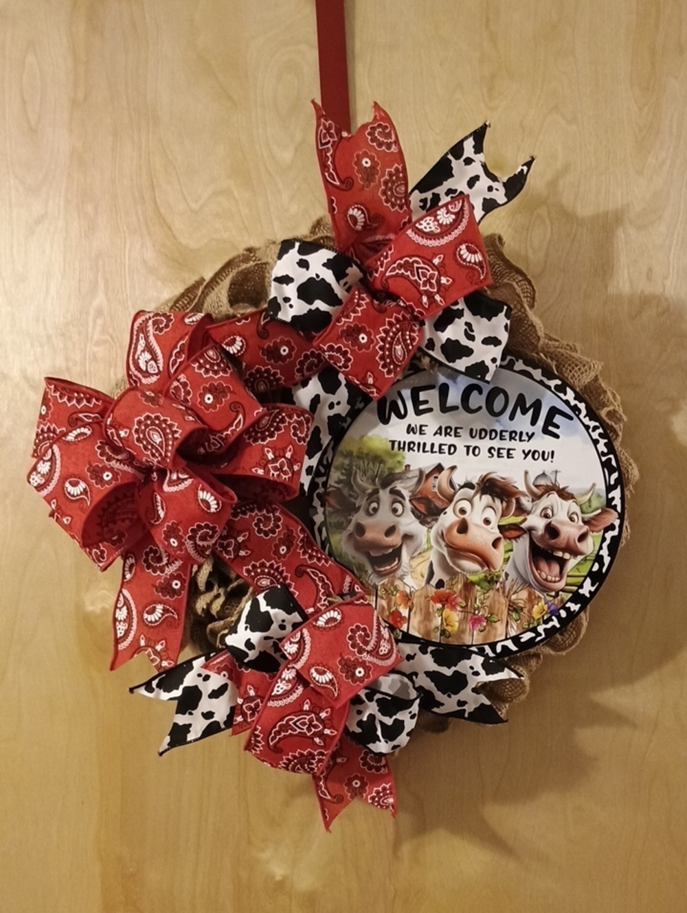 Cow Print & Bandana Welcome Wreath - Red, Black, White